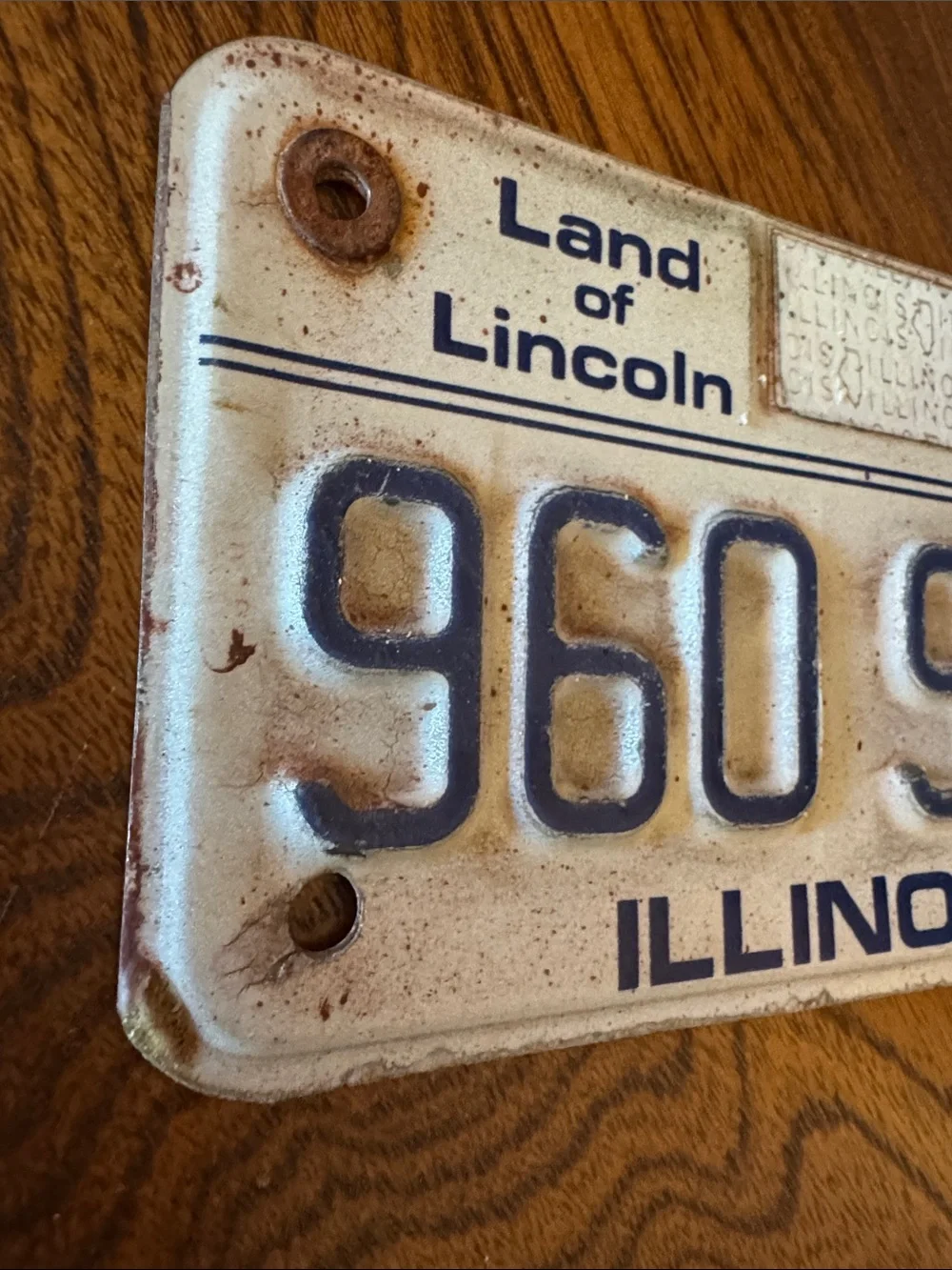 Vintage Illinois Land of Lincoln steel Motorcycle License Plate White and Blue